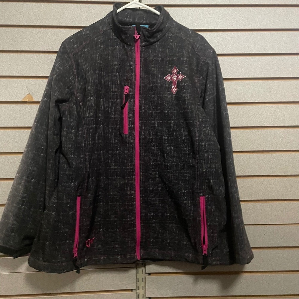 Cowgirl Hardware Womens XL Softshell Jacket Black‎ Pink Rhinestone Winged Cross